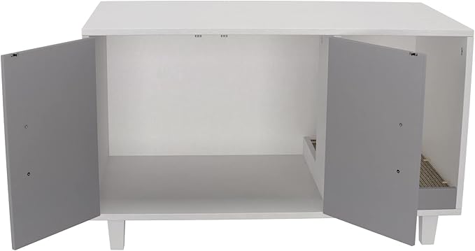 GDLF Modern Wood Pet Crate Cat Washroom Hidden Litter Box Enclosure Furniture House as Table Nightstand with Scratch Pad,Stackable (Gray & White)