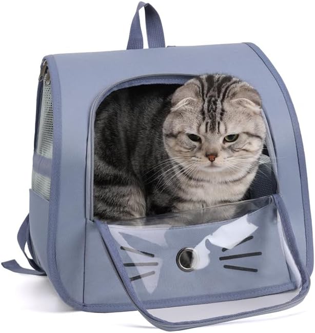 Pet Backpack Carrier, Traveler Breathable Transparent Carrier for Cats or Dogs, Large Space and Foldable Pet Carrier for Travel, Hiking, Shopping, and Vet, Cute, Suitable for Kids (Blue)
