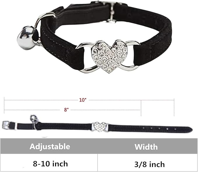 Heart Bling Cat Collar with Safety Belt and Bell Adjustable 8-10 inches for Kitten Cats (Black+Red)