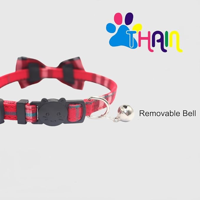 THAIN Cat Collar Breakaway with Bell and Bow Tie Safety Buckle Red Plaid Pattern Adjustable 7-11 inches for Kitten Cats(Red Plaid)