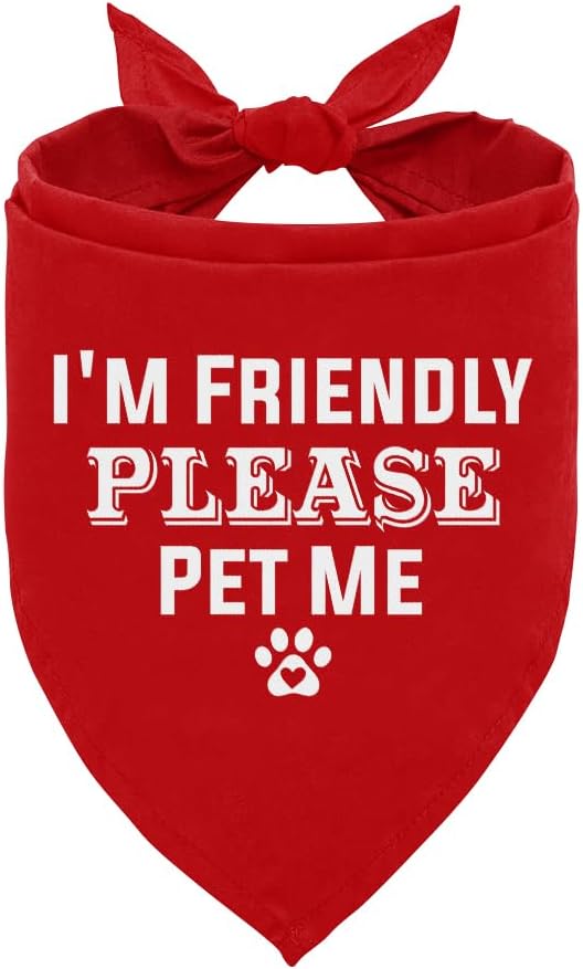 I'm Friendly Please Pet Me Dog Bandana - Red, Funny Cute Triangle Scarf Accessory for Small Medium Large Dogs (D49)
