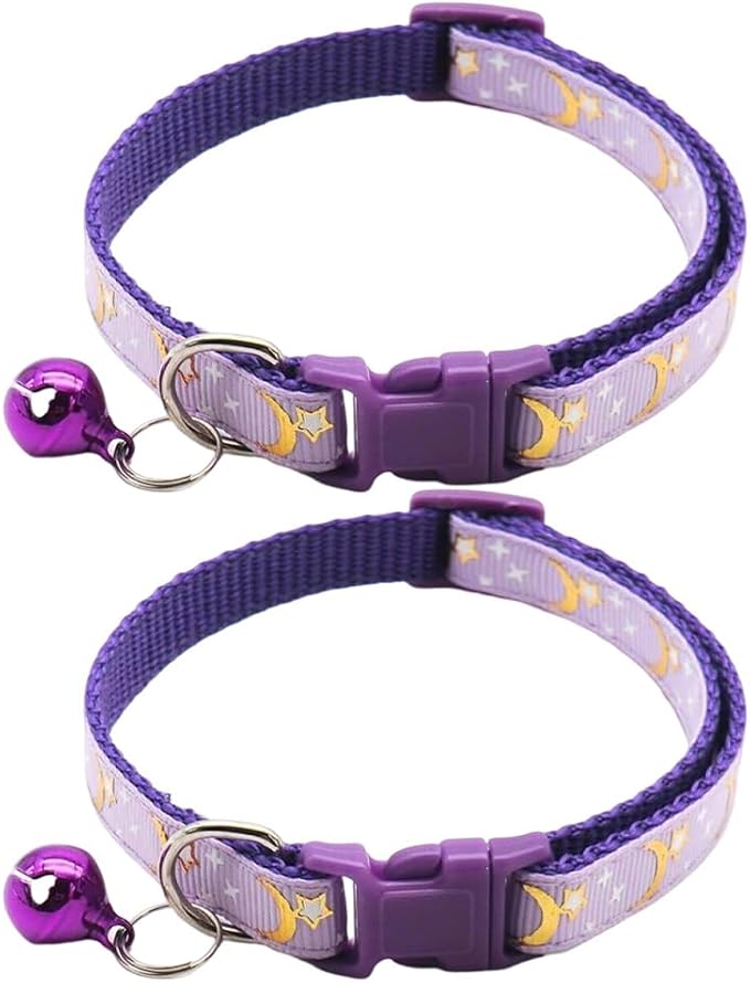 Reflective Cat Collars Breakaway with Bell Moons Stars 2 Pack Girl Boy Pet Kitten Collar Adjustable 7.5-12.5 Inch (Purple)