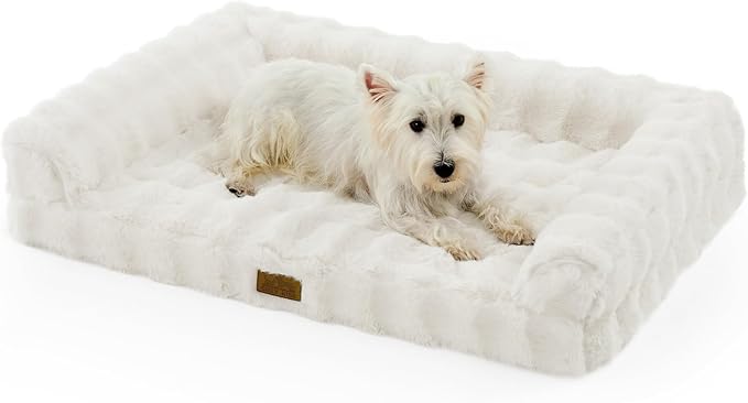 Faux Rabbit Fur Orthopedic Dog Bed, Dog Bed for Large Size, Supportive Foam Pet Sofa with Waterproof Lining Cover, Washable U-Shaped Pet Couch with Anti-Slip Bottom, Beige L 36x27x6.5 inch