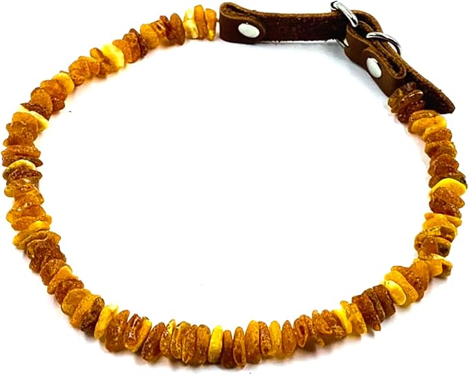 Amber Collars for Dogs & Cats - Baltic Amber Dog & Cat Collar with Adjustable Leather Strap - Raw Knotted Amber Beads (20-25cm)