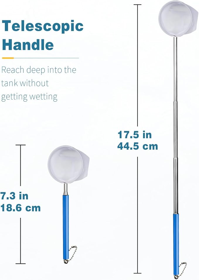 Pawfly Soft Round Aquarium Net, 2 Inch Shrimp Net with Extendable Stainless Steel Handle for Baby Fish, Food Residue Debris