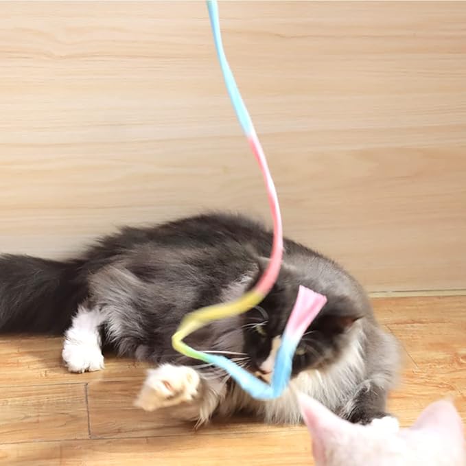 LASOCUHOO Interactive Cat Wand Toys Interactive Cat Teaser Wand String Ribbon Rainbow Charmer for Cats and Kittens - 2 Packs
