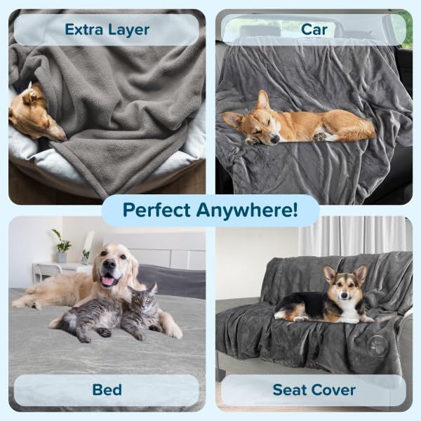 Waterproof Pet Blanket - 50x60-Inch Reversible Sherpa Fleece Throw Protects Couches, Cars, and Beds from Spills, Stains, and Fur by PETMAKER (Gray)