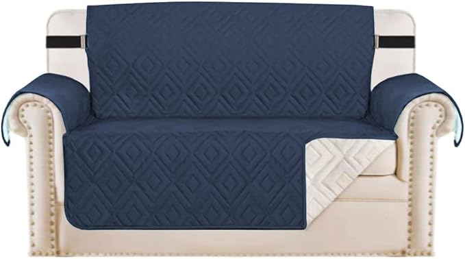H.VERSAILTEX Reversible Loveseat Cover Furniture Protector Anti-Slip Water Resistant 2" Elastic Straps Couch Covers Pets Kids Fit Sitting Width Up to 54"(Oversized Loveseat: 75" x 98", Navy/Beige)