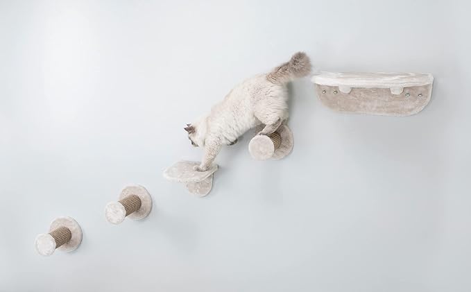 Trixie Wall Mounted Cat Lookout Set – Climbing Shelves with Sisal Steps & Plush Platforms – Wall-Mounted Cat Shelves for Scratching & Lounging – Light Gray-Greige, 12.75 x 18.75 x 6.25 in
