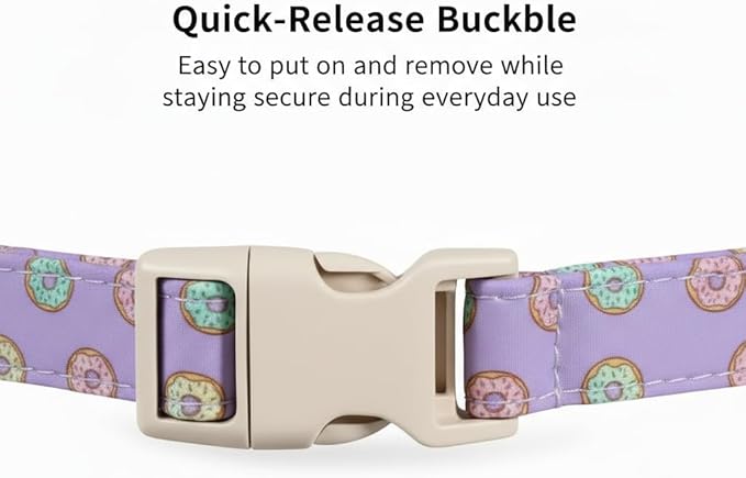 Girl Dog Collar with Unique Purple and Donut Print, Cute Dog Collar for Spring & Summer, Adjustable Pet Collar for Medium Dogs