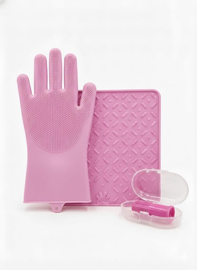 3-in-1 Stress-Free Dog Bathing Kit – Silicone Grooming Gloves, Suction Lick Mat, and Dental Brush – Complete Pet Spa Set for Anxious Dogs (Pink)