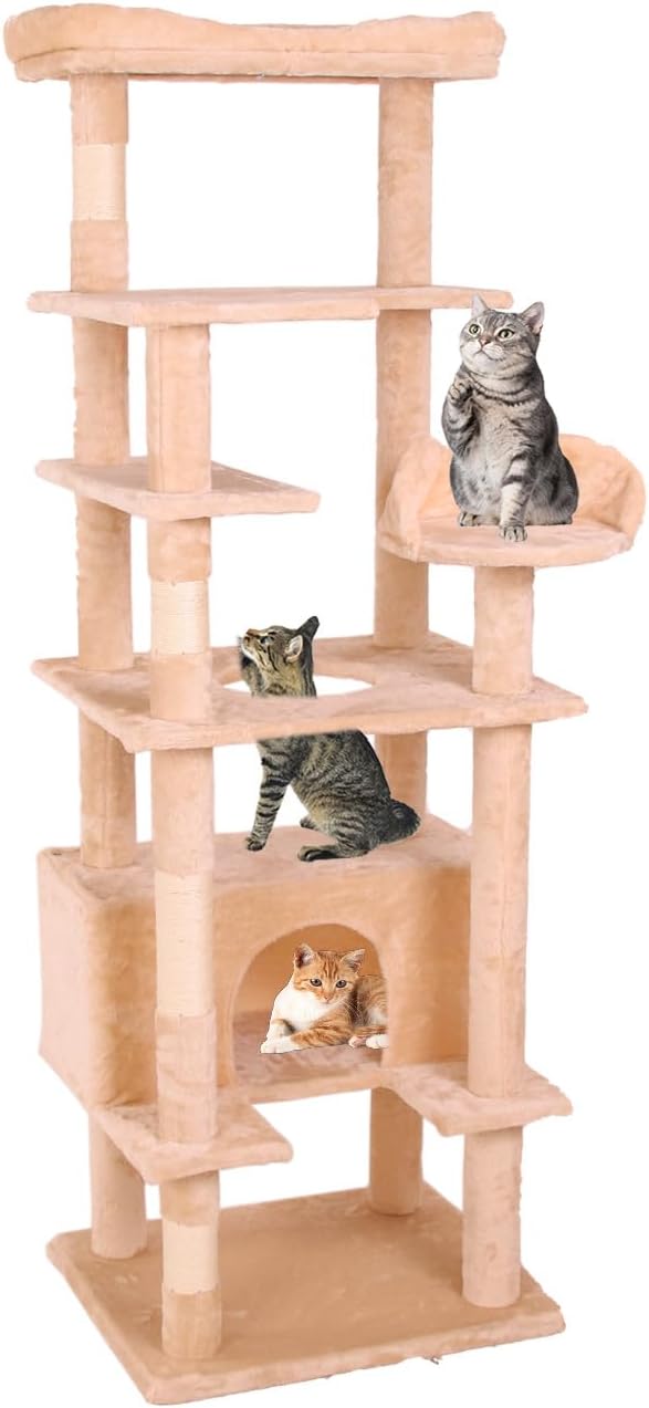 71'' Velvet Cat Climbing Frame, Multi-Level Cats Tree Tower with Scratching Posts, Large Top Padded Perch and Playhouse, Anti-Tipping Devices for Indoor Cats Activity Center (Cream White)