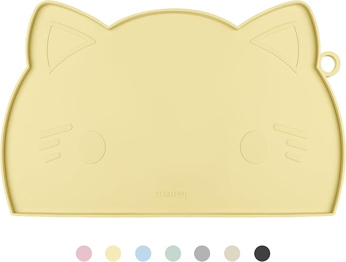 Coomazy Cat Food Mat, Thicker Dog Feeding Mat for Food and Water, Waterproof Non-Slip Silicone Mat for Floor, Dog Food Mat with Raised Edge to Prevent Food Spills and Water Runoff (Yellow, Medium)