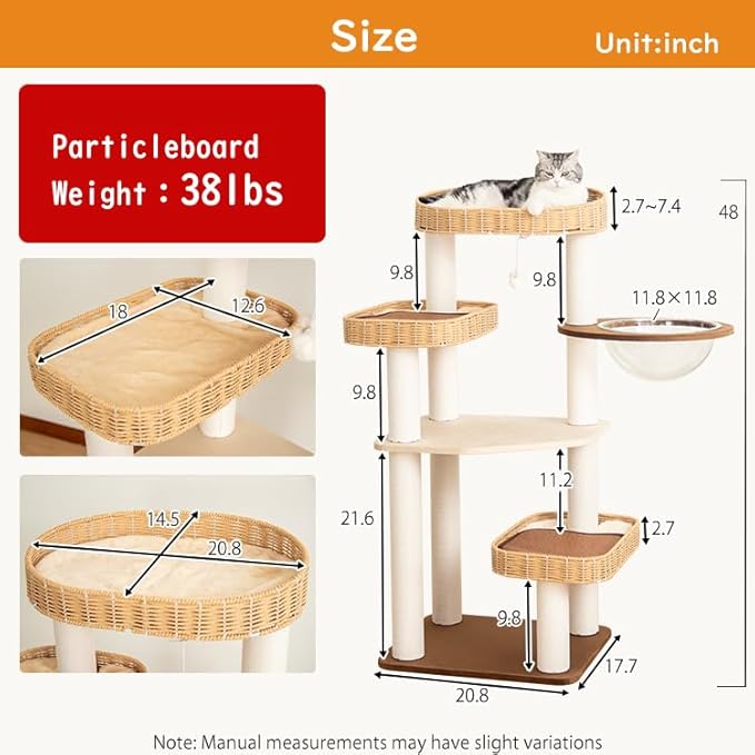 Modern Cat Tree for Large Cats, 48-Inch Tall Cat Tree Tower with Wide Shelves Cotton Scratching Posts, Super Sturdy Base, Cozy Perches, and Interactive Toys for Indoor