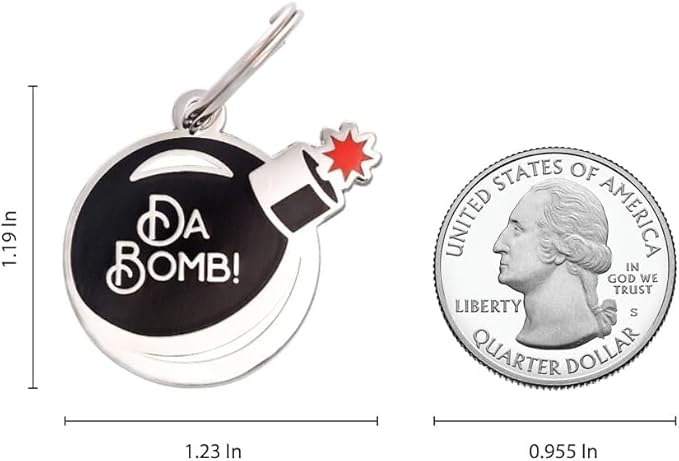 Two Tails Da Bomb Pet ID Tag, Custom Engraved Dog Name Tag, Personalized Charm for Dogs & Puppies, Durable Brass with Silver Plating, Fun Enamel Pet Accessory for Collars & Harnesses