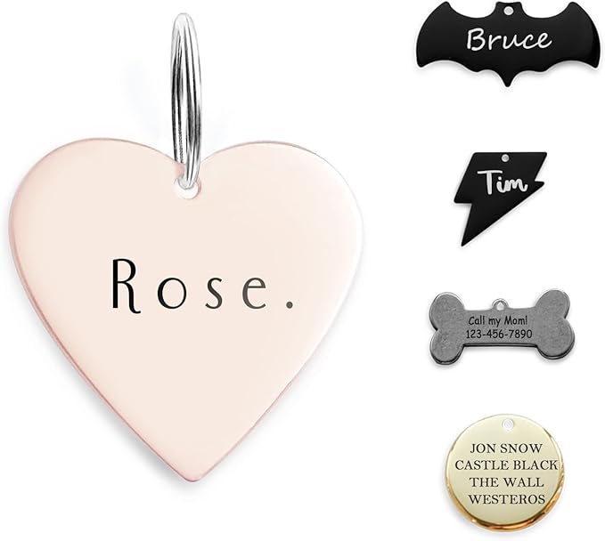 316 Surgical Grade Stainless Steel Personalized Dog & Cat ID Tags - Engraved Name or Text for Pet Collar Accessories, Original Funny Shapes (Heart)