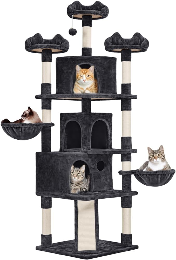Yaheetech 76.5in Multi-Level Large Cat Tree, Big Cat Tower with 3 Condos, Cozy Plush Perches, 9 Sisal Scratching Posts and Ladder, Activity Center for Large Kitties, Black