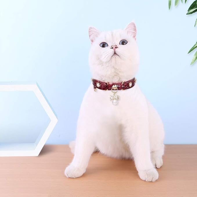 PetsHome Cat Collar, Dog Collar, [Bling Rhinestones] PU Leather Adjustable Pet Collar with Luxury Pendant for Cat and Small Dog Extra Small Wine Red