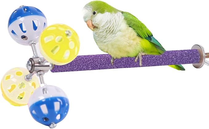 Perch Toy with Rotating Balls Suit for Small and Medium Birds, Budgies, Budgerigars, Parakeets, Parrots, Cockatiels, Parrotlets, Lovebirds, Ringnecks, Conures (Natural Pepper Wood, Purple/Yellow)