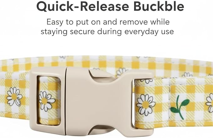 Cute Dog Collar, Yellow Plaid Dog Collar with White Floral Pattern, Spring Summer Design Floral Collar for Girls Boys Large Dogs