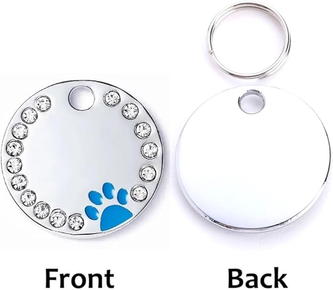 Personalized Dog/Cat Cute Paw Pet ID Tag for Pet Collar or Key Chain - Custom Laser Engraved Unique Dog/cat Name tag with Phone Number (Blue, Crystals Round-Small)