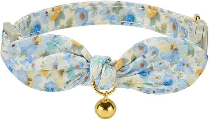 2 Pack Cotton Cat Collar, Removable Bowtie, Floral Pattern, Safety Breakaway Clasp, Adjustable for Cats.(Adult Cat, Blue Daisy and Floral)