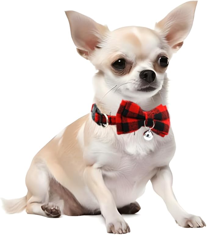 Breakaway Cat Collar with Bell and Bow, 2-Pack Plaid Kitten Collar with Bell, Bowtie Puppy Collars for XXS Xs Small Little Pet Tiny Dogs, Red+White