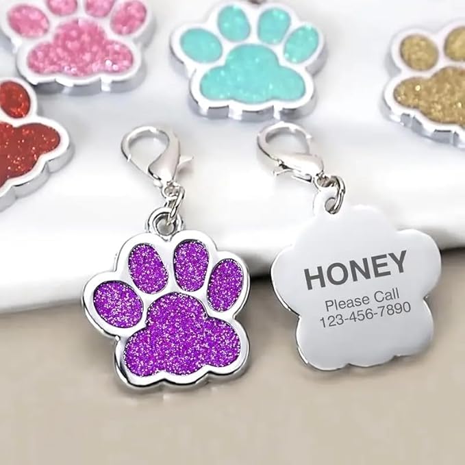 Cute Personalized Pet Name Tags for Cats/Dogs - Glitter Custom pet id tag, Dog id Tags Engraved for Pets, Customizable cat tag, pet Collar Charms, Dog Name tag (Paw-Shaped-Small: Black)