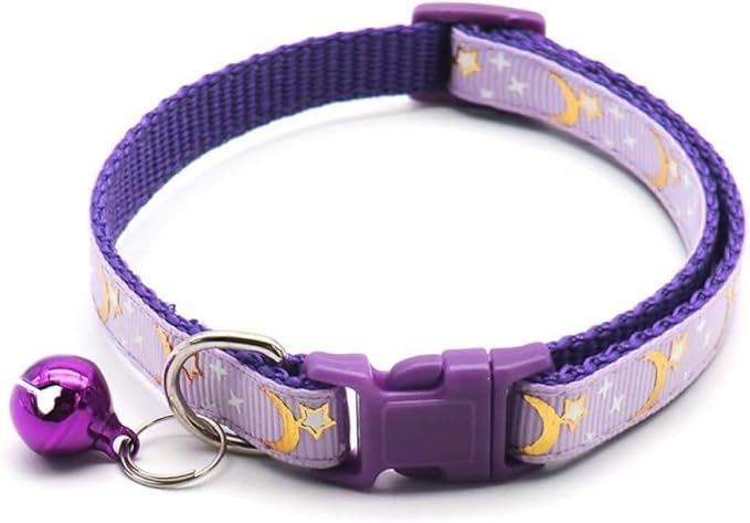 Reflective Cat Collars Breakaway with Bell Moons Stars 2 Pack Girl Boy Pet Kitten Collar Adjustable 7.5-12.5 Inch (Purple)