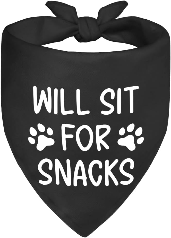Will Sit for Snacks Black Dog Bandana, Puppy Scarf Accessory Photo Prop for Dogs Lover, Funny Quotes Birthday Puppy Scarf Accessory, Mother's Day Birthday for Dog Mom Dad