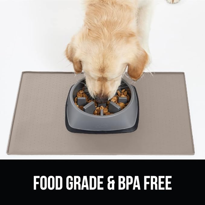 GORILLA GRIP 100% Waterproof Raised Edge BPA Free Silicone Pet Feeding Mat, Dog Cat Food Mats Contain Spills Protects Floors, Placemats for Cats and Dogs Water Bowl, Pets Accessories 16x10, Beige