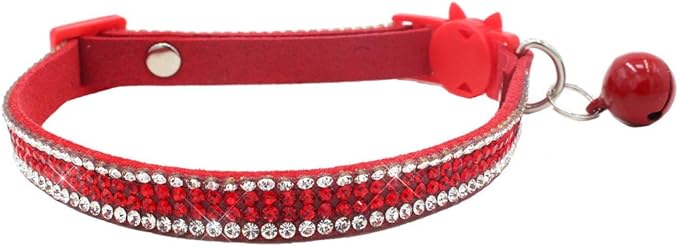 THAIN Basic Adjustable Cat Collar Bling Diamond Breakaway with Bell for Kitten Girl boy (Red)
