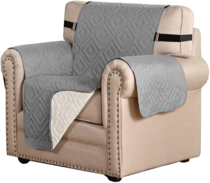 H.VERSAILTEX Reversible Chair Cover Furniture Protector Anti-Slip Couch Cover Water Resistant 2" Elastic Straps Chair Slipcover Pets Fit Sitting Width Up to 21" (Chair:75" x 65", Light Grey/Beige)