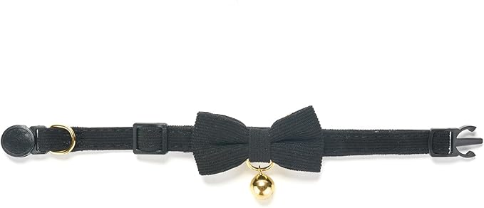 Soft Corduroy Cat Collar with Bell and Bowtie, Safety Breakaway Clasp, Adjustable for Kitten and Cats Black Color.