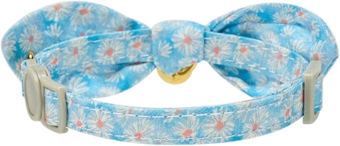 2 Pack Cotton Cat Collar, Removable Bowtie, Floral Pattern, Safety Breakaway Clasp, Adjustable for Cats.(Adult Cat, Blue Daisy and Floral)