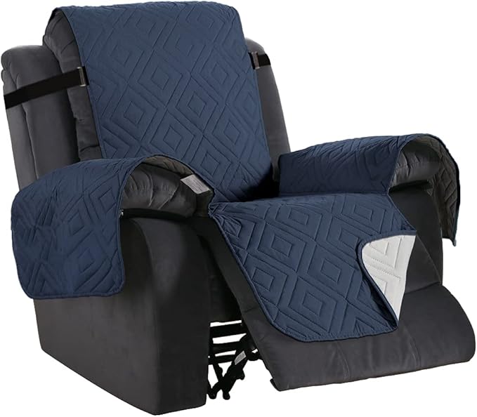 H.VERSAILTEX Reversible Quilted Recliner Covers Water Resistant Furniture Protector for Reclienr Chair with Elastic Straps for Pets Kids Sitting Width Up to 22"(Recliner, Navy/Beige)