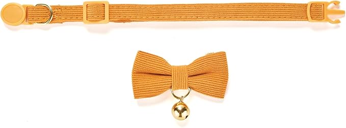 Soft Corduroy Cat Collar with Bell and Bowtie, Safety Breakaway Clasp, Adjustable for Kitten and Cats Orange Color.