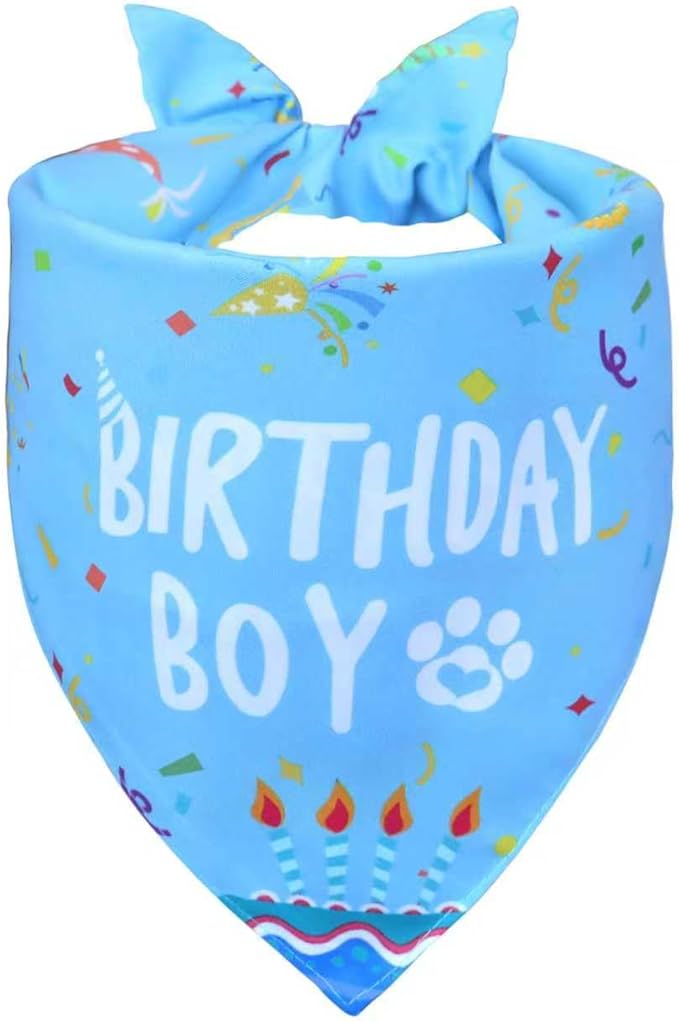 Dog Birthday Bandana Boy for Large X-Large Dogs, Reversible 2 Patterns in 1, Blue Confetti Scarf, Happy Birthday Party Outfit Puppy Gift (18-23" Neck)