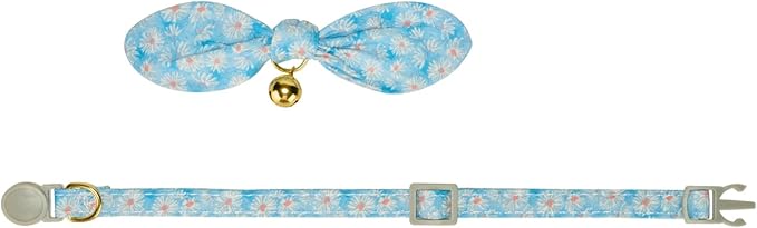 Bunny Ear Bowtie Cat Collar with Bell 2 Pack Cotton Breakaway Kitten Collars with Removeable Bow Stylish Cat Collars(Floral Blue)