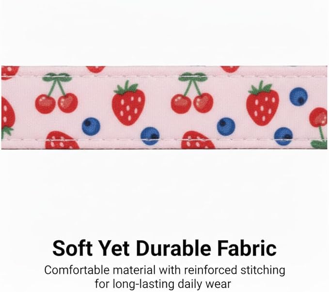 Girl Dog Collar, Cute Dog Collar for Medium Dogs with Cute Strawberry, Cherry and Blueberry Print, Pink Collar for Dogs with Quick-Release Buckle and Robust D Ring, M