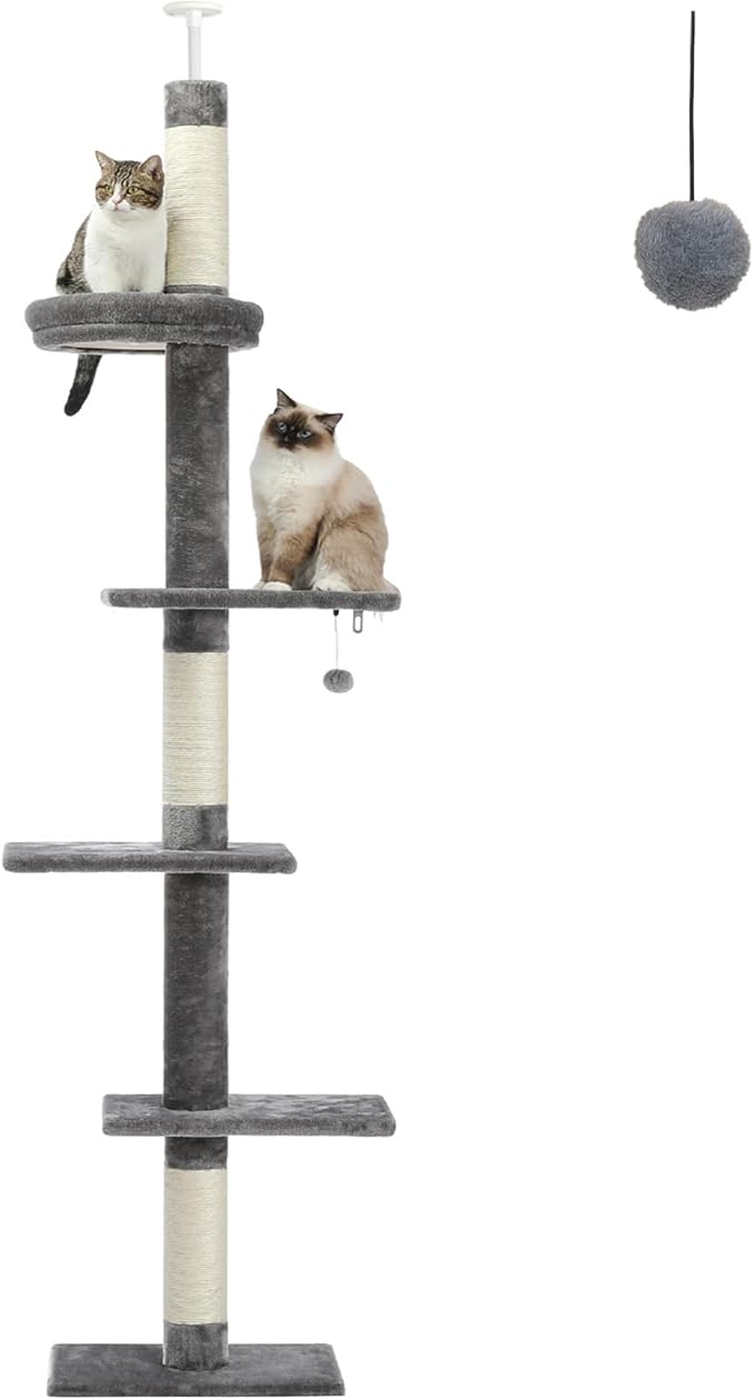 PETEPELA Cat Tower 5-Tier Floor to Ceiling Cat Tree Height(95-107 Inches) Adjustable, Tall Climbing Tree Featuring with Scratching Post, Cozy Bed,Interactive Ball Toy for Indoor Cats/Kitten Grey