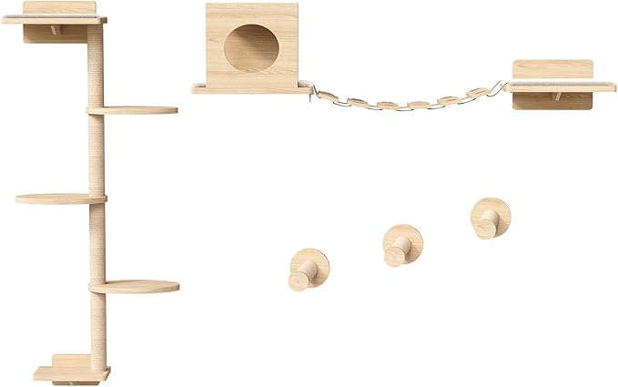 HOOBRO Wood Cat Wall Shelves for Large Cats, 11-Piece Cat Wall Furniture, Wall-Mounted Shelves with House, Hammock, Ladder, Scratching Posts and Step, Climbing Wall for Multiple Cats, Natural NL46CS03