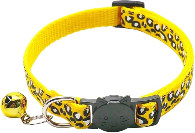 Reflective 2 Pack Breakaway Cat Collars with Bell Leopard Pattern Cute Kitty Adjustable 7.5-12.5 Inch Safe Kitten Collars Charms (Yellow)