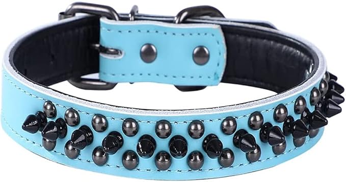 Spiked Studded Dog Collar, Genuine Leather Dog Collar, Adjustable Pet Collars for Medium Large Bulldog Pitbull Mastiff Poodle Boxer (L:37-47cm, Blue-1)