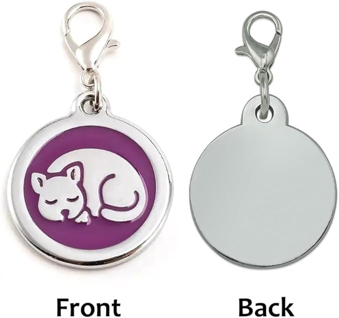 Personalized Pet ID Tags for Kittens and Cats - Custom cat Name tag and ID tag for Collar (Purple, Sleeping Cat Round-Small)