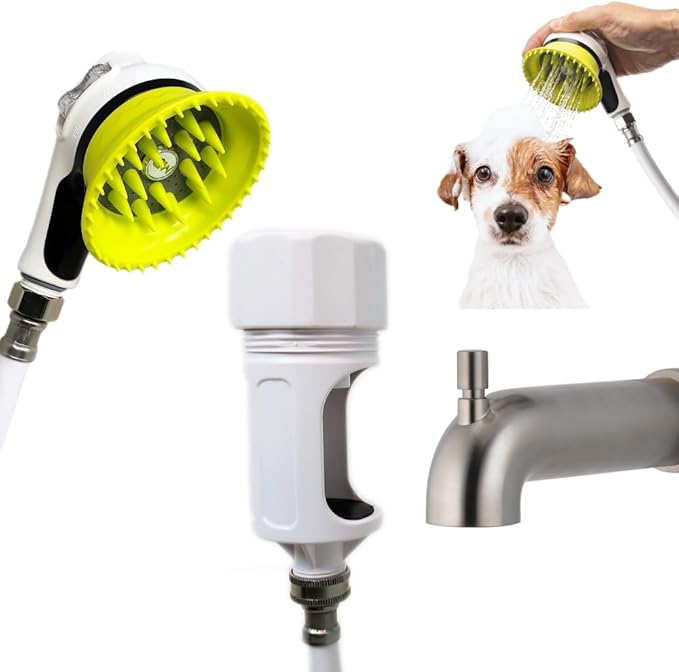 Wondurdog LARGE Sized Bathtub Spout and Garden Hose Attachment Dog Wash Kit w/Splash Shield and Rubber Scrubbing Teeth. Tub Spouts with Front Pull Up Diverter Only. Max Height 3.20". Home Pet Grooming