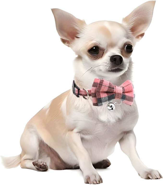 Pink Plaid Bow Kitten Collar with Bell, Breakaway Puppy Collar Bell with Bowtie Christmas Dog Collars Female for XXS Xs Small Tiny Little Pet Dogs Girl Kitten, for Hoilday Birthday Party