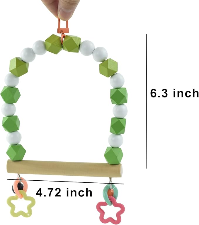 Wooden Bird Swing Perch for Parakeet, Small Birds Hanging Cage Stands Cockatiels Parrot Colorful Beads Bell Trainning Toy Playground Gym Accessories for Lovebirds Conures Budgies