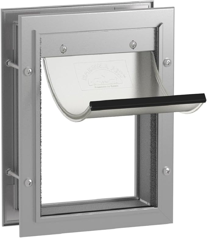 Hakuna Pets Deluxe Aluminum Pet, Cat and Dog Door with 2-Way Locking Panel for Screens, Doors and Walls up to 2.8" Thick, Small, Silver