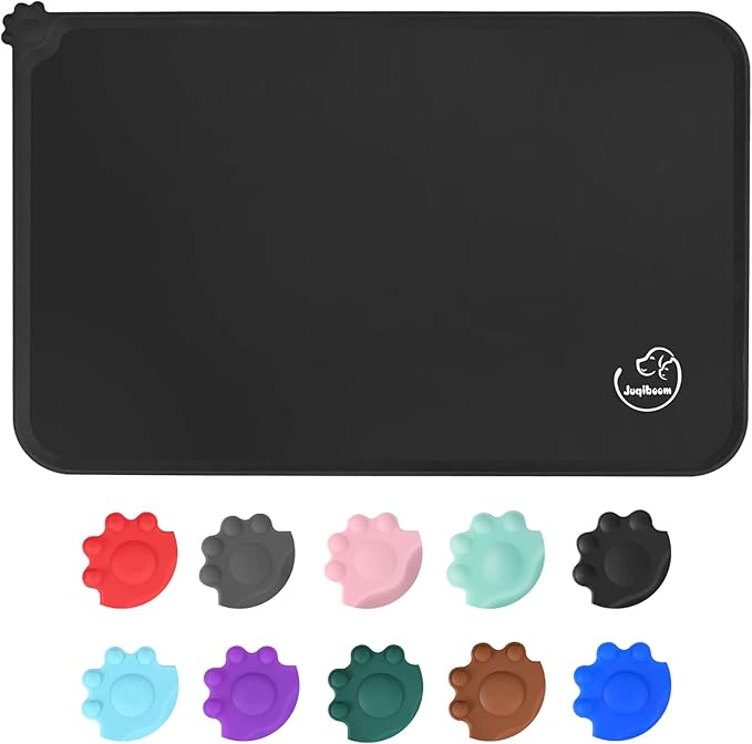 Silicone Waterproof Dog Cat Pet Feeding Mats, Non Slip, Easy Clean Pet Dog Cat Bowl Mats Placemat (28" x 24") Black